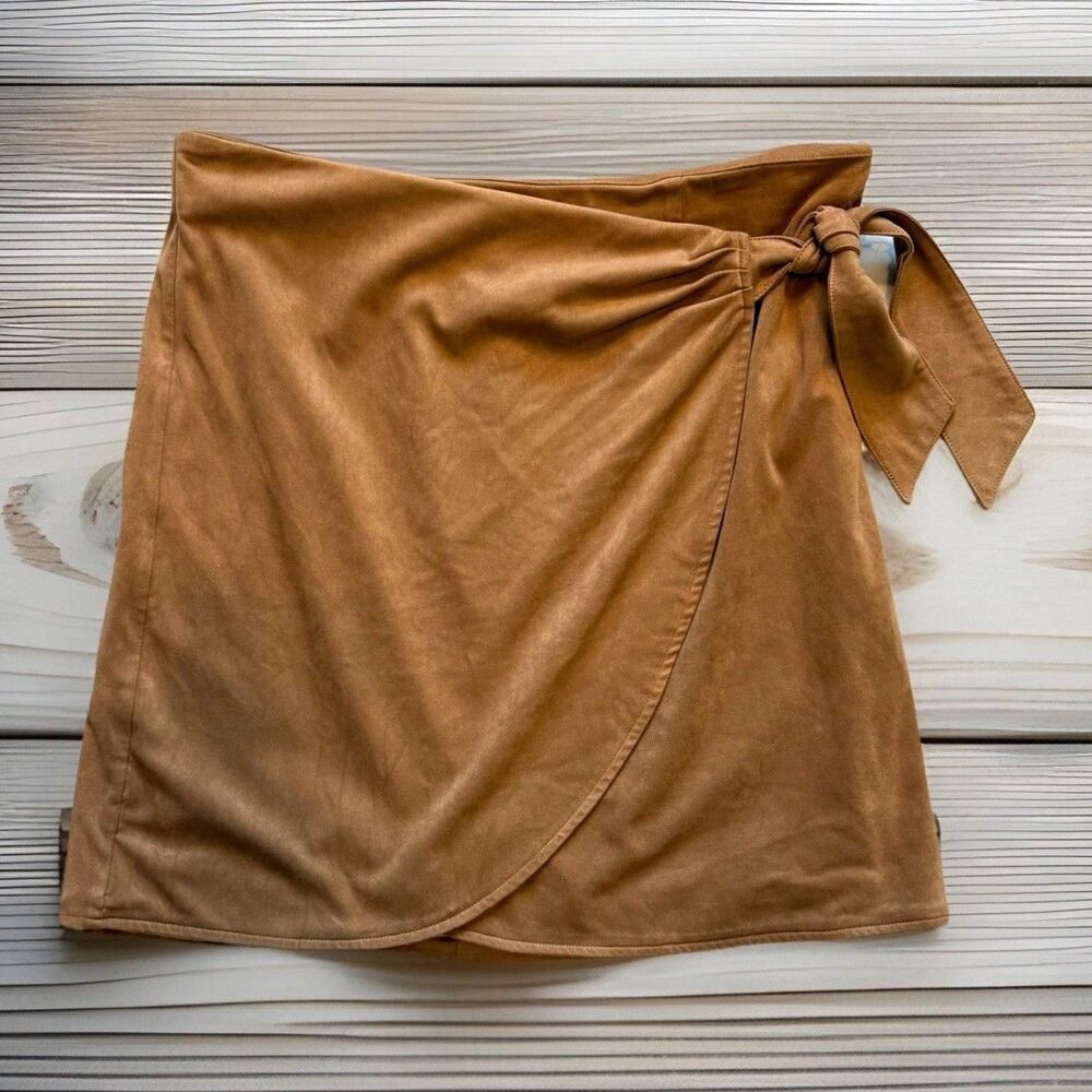 LOFT Size 12 Faux Suede Wrap Mini Skirt Lined Camel Caramel Side Tie